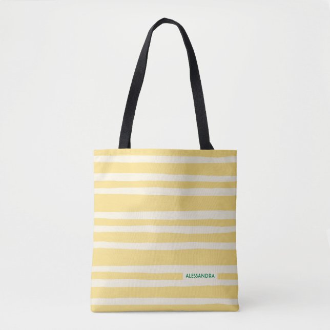 Tote Bag Retro Summer Chic Yellow Stripes Personalized (Devant)