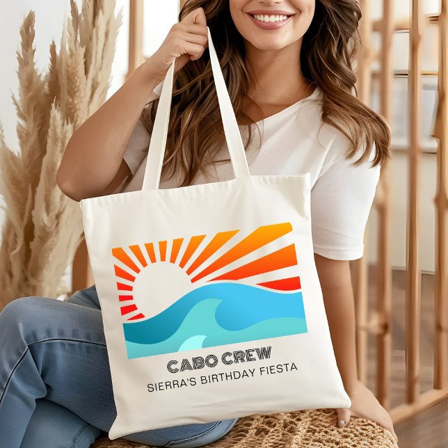 Tote Bag Retro Sunset Beach Custom Text Birthday Party Crew (Créateur téléchargé)