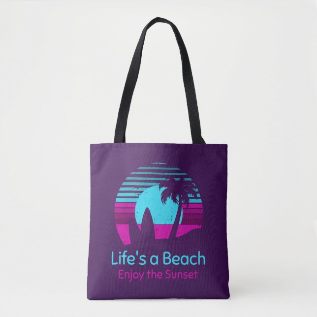 Tote Bag Retro Sunset Surfboard Palm Tree Life's a Beach (Devant)