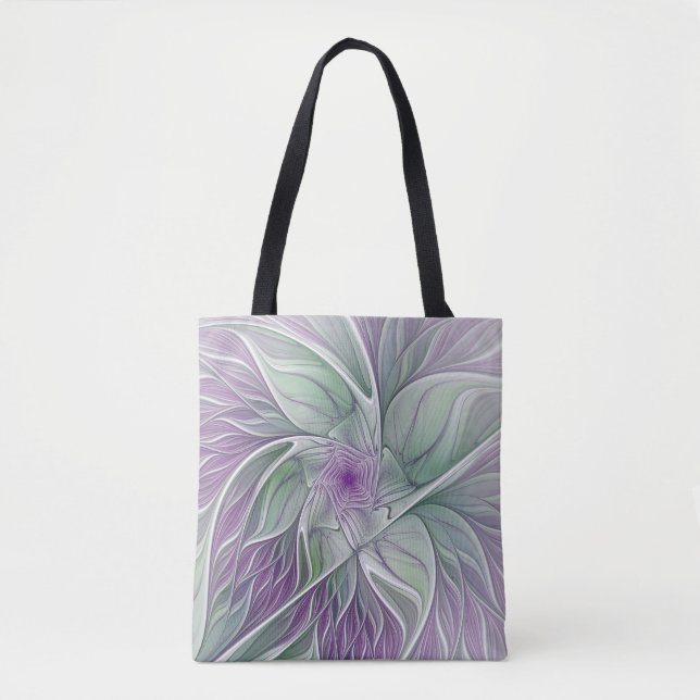 Tote Bag Rêve de fleurs, Abstrait violet vert Fractal Art (Devant)