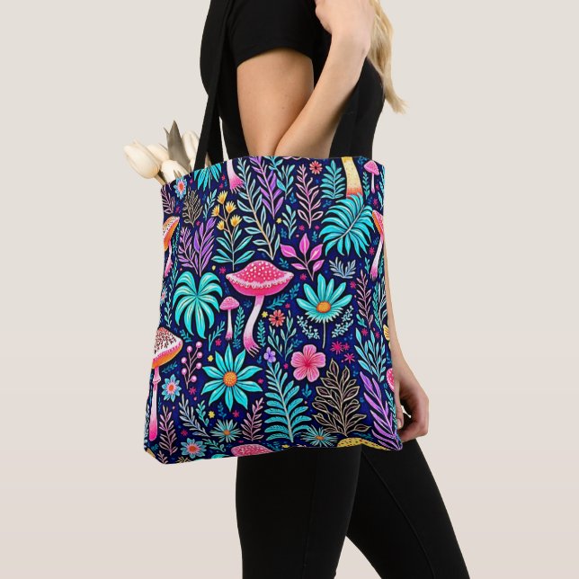 Tote Bag Rêve de forêt de champignons psychédélique néon (De près)