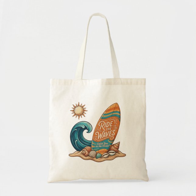 Tote Bag Ride the Waves Surfboard Illustration - Tropical B (Devant)