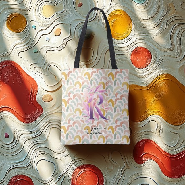 Tote Bag Riley's Radiant Rainbows - Boho Floral Monogram R (Créateur téléchargé)