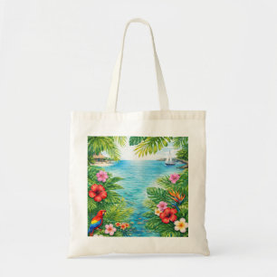 Tote Bag Roatán Honduras Tortue Tropicale, Perroquet & Hibi