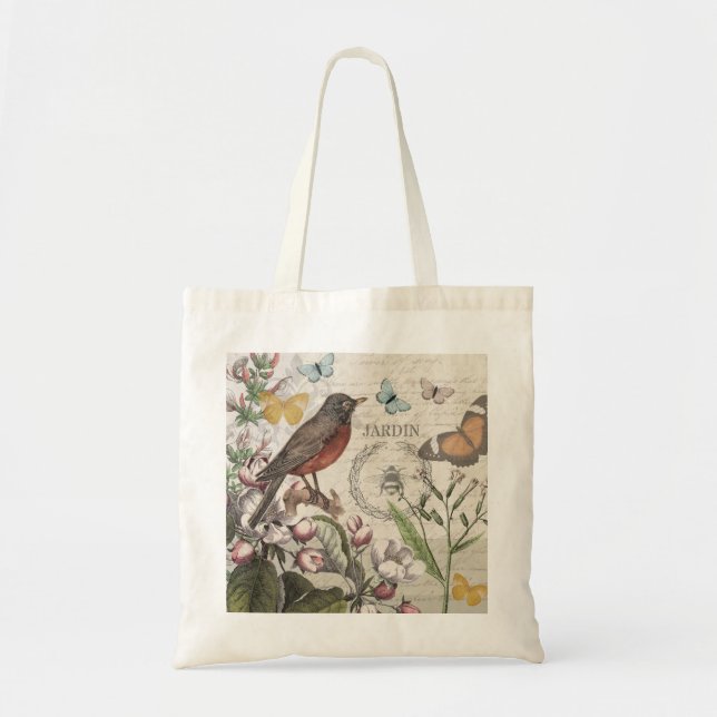 Tote Bag Robin Elegant Bird Butterfly French Art (Devant)