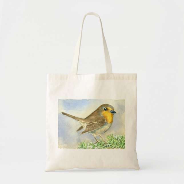 Tote Bag Robin sur une branche de genévrier dépoli (Devant)