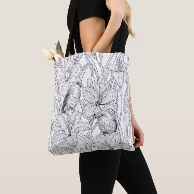 Tote Bag Robins et fleurs de lys, noir et blanc (De près)