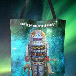 Tote Bag Robot de jouet rétro vintage en galaxie ajoutez vo<br><div class="desc">J'adore les visages rétro et mignons sur les robots vintages, jouet en métal de l'enfance. Voici l’un de mes coups de coeur, dressé contre une bulle bleu turquoise dans le ciel. Soyez un créateur de tendances chaque fois que vous utilisez ce sac fourre-tout de nom amusant, coloré et personnalisé. Fait...</div>