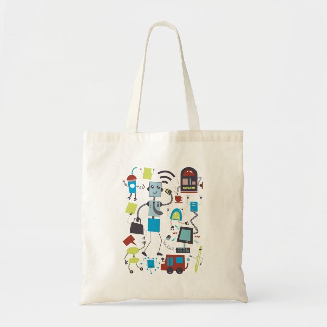 Tote Bag Robots de dessin animé amusants et doodle de techn (Devant)