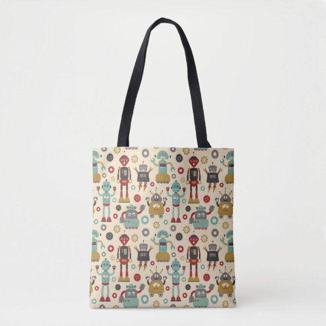 Tote Bag Robots rétro amusants Motif illustré (Cream) (Devant)