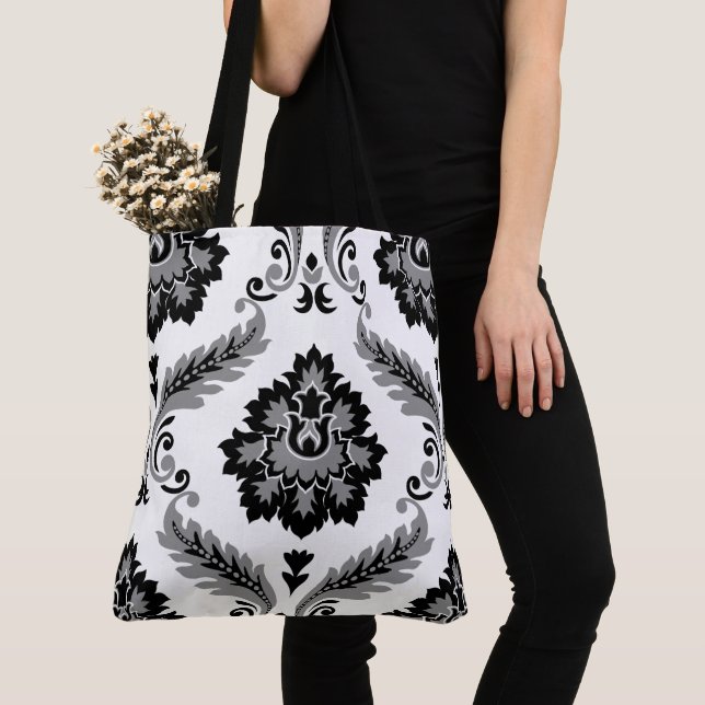 Tote Bag Rococo Damask grand motif Gris Noir Blanc (De près)