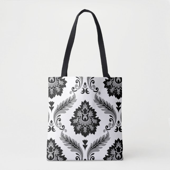 Tote Bag Rococo Damassé Grand Motif Gris Noir Blanc (Devant)