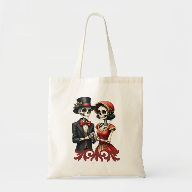Tote Bag Romance d'os de Noël, un couple de squelettes fest (Devant)