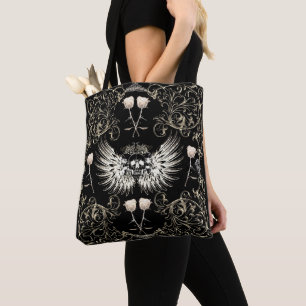 Tote Bag Romance gothique victorien crâne ailes et roses bl