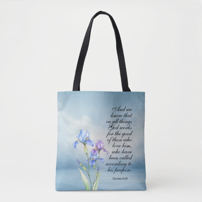Tote Bag Romans 8:28 Iris Aquarelle (Devant)