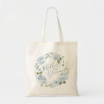 Tote Bag Romantic dusty blue floral mother of the groom tot<br><div class="desc">Modern mother of the groom script with watercolor floral wreath in dusty blue and sage green,  elegant and romantic,  cute mother of the groom tote tote tote bagdad.</div>