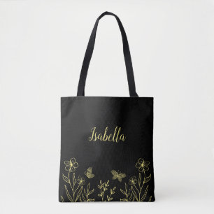 Tote Bag Romantique élégant fleur or noir