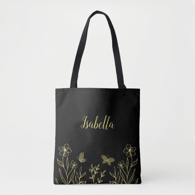 Tote Bag Romantique élégant fleur or noir  (Devant)