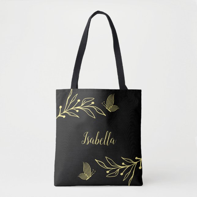 Tote Bag Romantique élégant fleur or noir  (Devant)