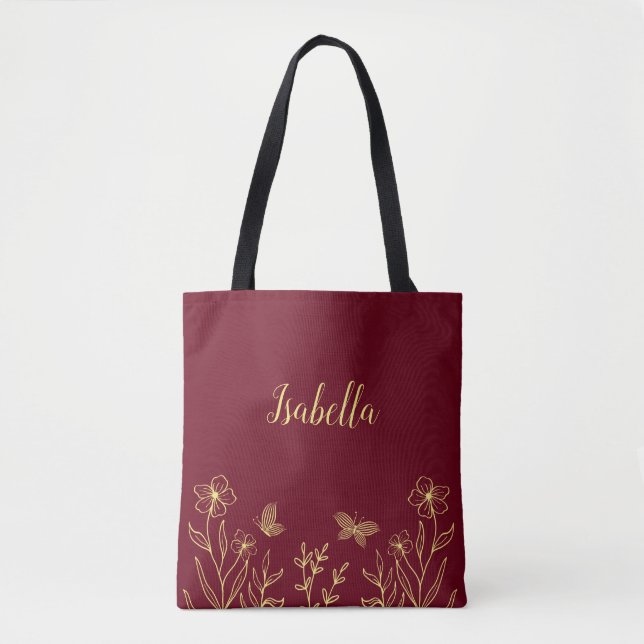 Tote Bag Romantique élégant or fleur bordeaux (Devant)
