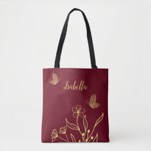 Tote Bag Romantique élégant or fleur burgundy