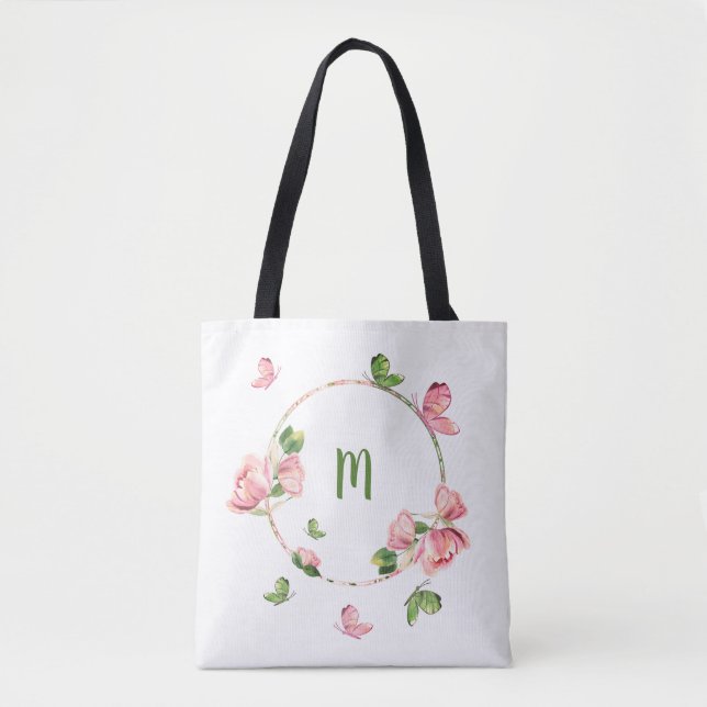 Tote Bag Romantique fleurs roses verdure (Devant)