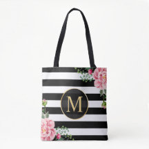 Romantique Floral noir rayures blanches Monogramme