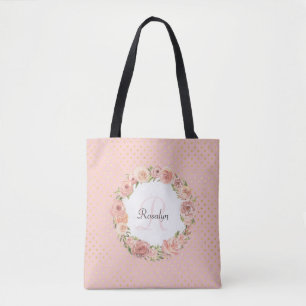 Tote Bag Romantique or pointillé Rose Floral Nom monogrammé