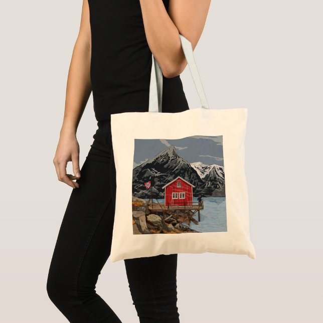 Tote Bag Rorbu Lofoten Bergen Norvège Illustration du paysa (Devant (produit))