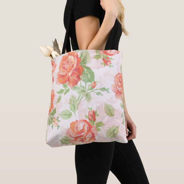 Tote Bag Rose à fleurs orange fourre-tout (De près)