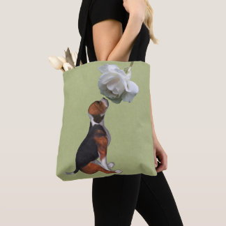Tote Bag Rose blanche de beagle chiot