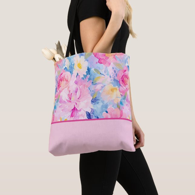 Tote Bag Rose Bleu Abstrait Aquarelle Fleurs Couleur Bloc (De près)