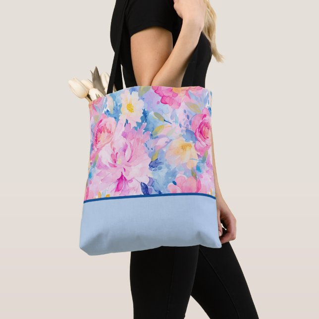 Tote Bag Rose, bleu Abstrait Aquarelle Fleurs Couleur Bloc (De près)