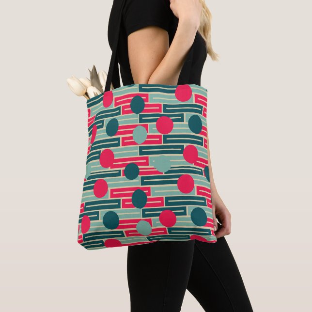 Tote Bag Rose, Bleu clair, Rectangles Turquoises et cercles (De près)