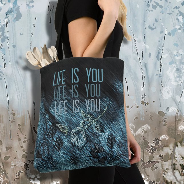 Tote Bag Rose Bleue Noire Fantaisiste Texte (Whimsical Blue Black Rose Text Tote Bag)