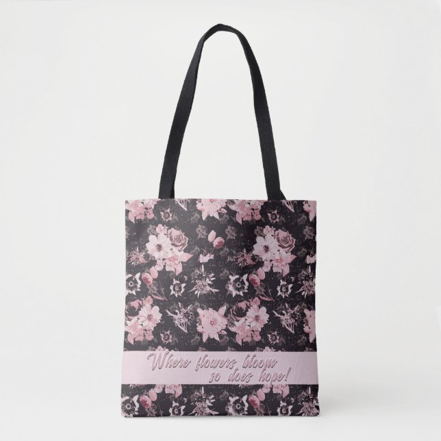 Tote Bag Rose brillant dans le noir - version textée (Devant)