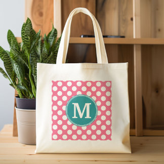 Tote Bag Rose chaud et Pois Turquoises avec Monogramme pers