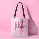 Tote Bag Rose Chaud Moderne Monogramme Féminin Nom Script<br><div class="desc">Transportez vos essentiels avec style avec notre sac fourre-tout à monogramme féminin à motif de script moderne rose chaud ! Doté d'un design rose chaud audacieux, ce fourre-tout est personnalisé avec votre nom dans un script moderne chic pour un look tendance et personnalisé. Parfait pour les courses, l'école ou une...</div>