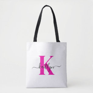 Tote Bag Rose Chaud Noir Nom Initial Monogrammé