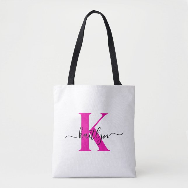 Tote Bag Rose Chaud Noir Nom Initial Monogrammé (Devant)