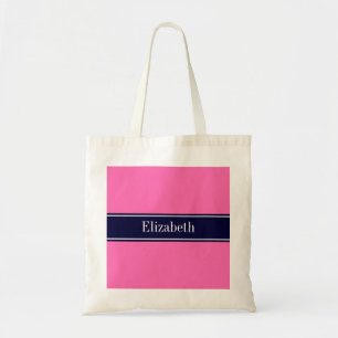 Tote Bag Rose chaud solide #2, Nom du ruban bleu marine Mon