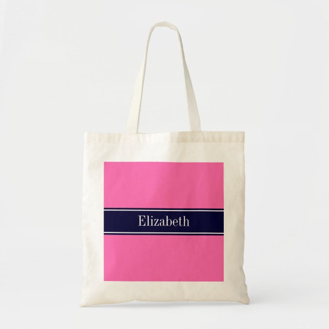 Tote Bag Rose chaud solide #2, Nom du ruban bleu marine Mon (Devant)