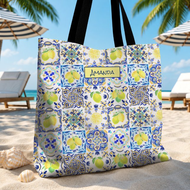 Tote Bag Rose Clair Citron Bleu Majolique Sicilienne Été (Créateur téléchargé)