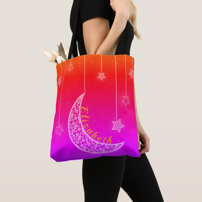 Tote Bag Rose Clair & Rouge avec Étoiles & Lune (De près)