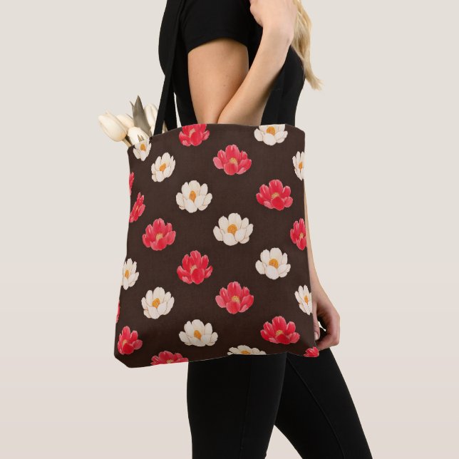 Tote Bag Rose corail blanc motif floral  (De près)