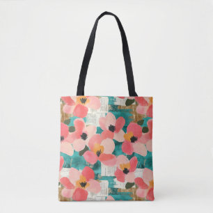 Tote Bag Rose Corail Floral Turquoise Vintage