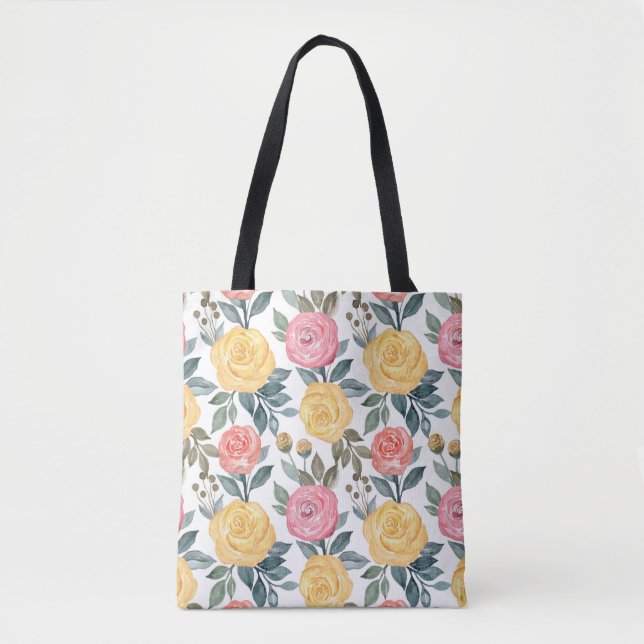 Tote Bag Rose d'aquarelle rose et jaune (Devant)