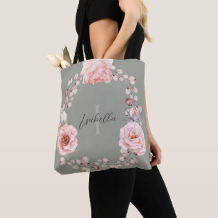 Tote Bag Rose d'aquarelle Wreath personnalisée   Vert sage
