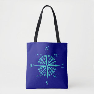 Tote Bag Rose De Boussole Turquoise Sur Décor Côtier Bleu M