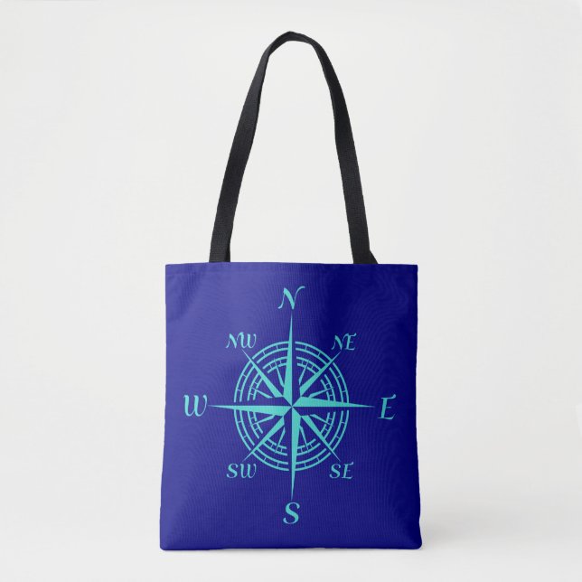 Tote Bag Rose De Boussole Turquoise Sur Décor Côtier Bleu M (Devant)